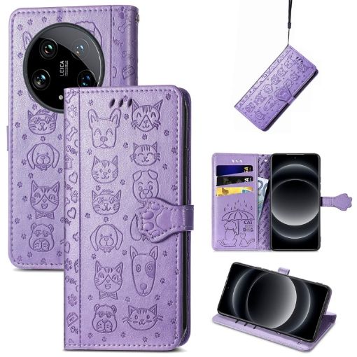 Xiaomi 14 Ultra Cat & Dog Embossed Leather Phone Case - Purple - 1