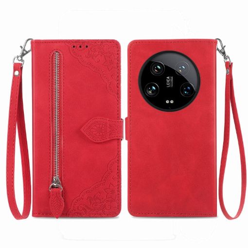 Xiaomi 14 Ultra Red Embossed Flower Zipper Leather Phone Case - 1