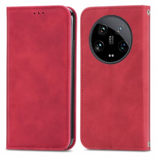 Xiaomi 14 Ultra Red Retro Leather Magnetic Flip Phone Case - 1