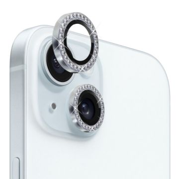 iPhone 15/15 Plus Camera Lens Protector Tempered Glass Rhinestone Silver - 1
