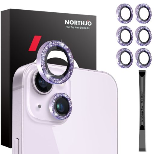 iPhone 15/14 Plus Camera Lens Protector Set - Glitter Metal Ring (Purple) - 1