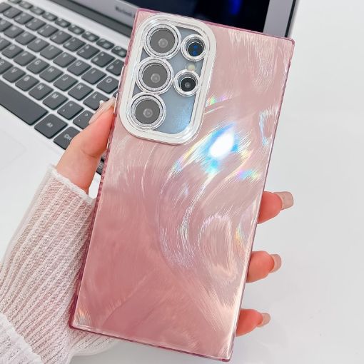 Samsung Galaxy S23 Ultra 5G Glitter TPU Case with Lens Film - Pink Feather - 1