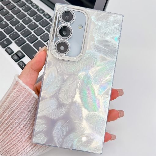 Samsung Galaxy S25 5G Glitter TPU Case with Lens Film - White Feathers - 1