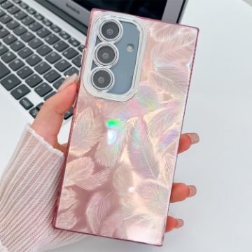 Samsung Galaxy S25 5G Glitter TPU Case with Lens Film - Pink Feathers - 1