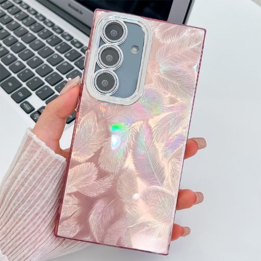 Samsung Galaxy S25 5G Glitter TPU Case with Lens Film - Pink Feathers - 1