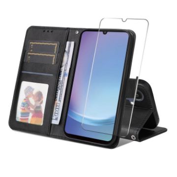 Samsung Galaxy A07 ENKAY Leather Wallet Case with Screen Film (Black) - 1