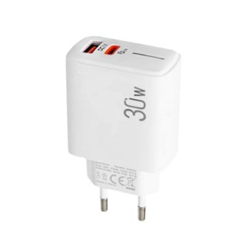 PD31 30W USB-C/Type-C + USB-A Charger, Multi Protocol, EU Plug, White - 1