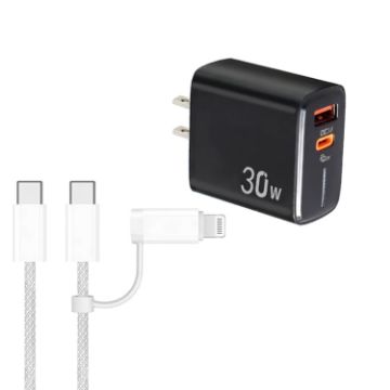 PD31 30W USB-C/USB-A Charger with 2-in-1 Cable, US Plug (Black) - 1