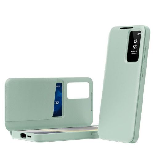 Samsung Galaxy S24+ 5G Green Leather Case with Card Slot & Smart View - 1