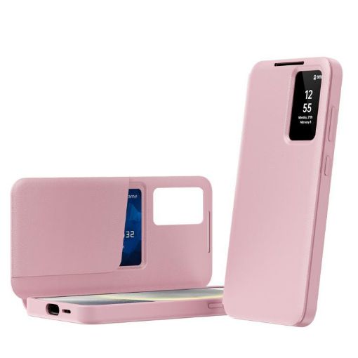 Samsung Galaxy S25 5G Pink Leather Case with Card Slot & Smart View - 1