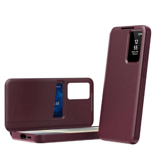 Samsung Galaxy S25 5G Red Leather Case with Card Slot & Smart View - 1