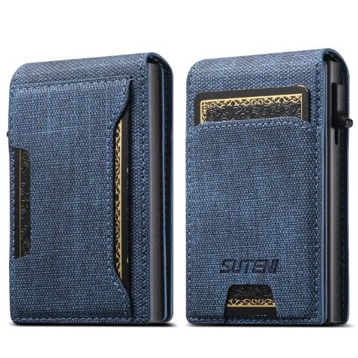 Suteni Blue Denim Pattern Card Box with Automatic Button Pop-Out - 1
