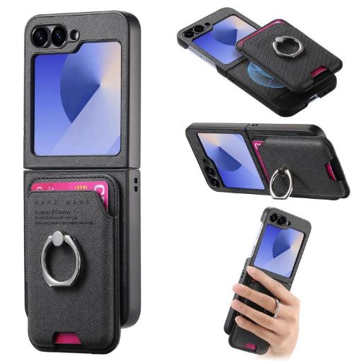 Samsung Galaxy Z Flip5 5G Twill Fabric Card Bag Ring Case (Black) - 1