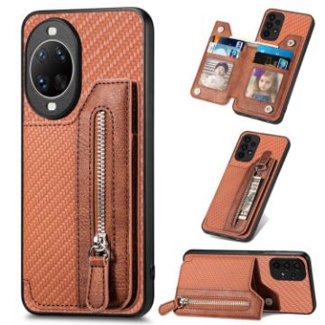 Huawei nova 14 Brown Carbon Fiber Flip Zipper Wallet Phone Case - 1
