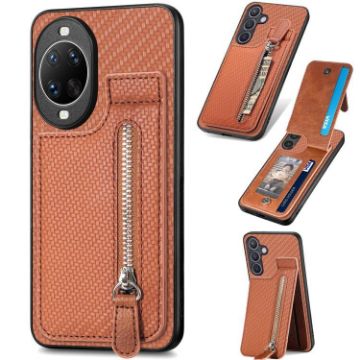 Huawei nova 14 Pro Brown Carbon Fiber Flip Zipper Phone Case - 1