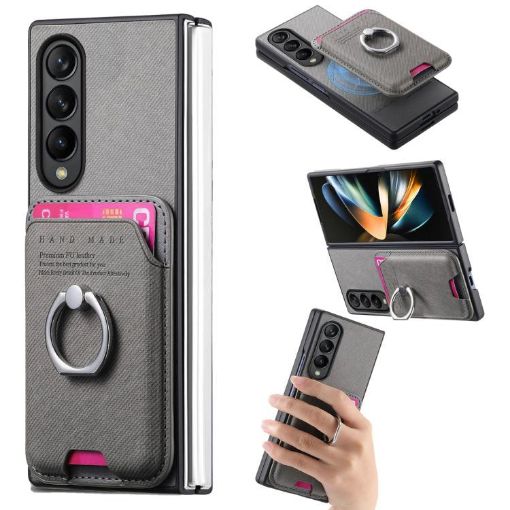 Samsung Galaxy Z Fold3 5G Gray Twill Fabric Card Bag Ring Magnetic Case - 1