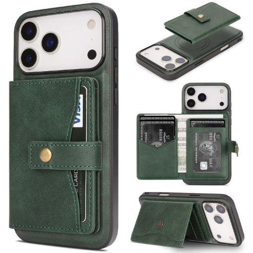 iPhone 17 Pro Max Green Leather Case with MagSafe Ring & Card Bag - 1