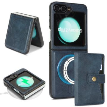Samsung Galaxy Z Flip6 Blue Leather Case with MagSafe Ring & Card Bag - 1