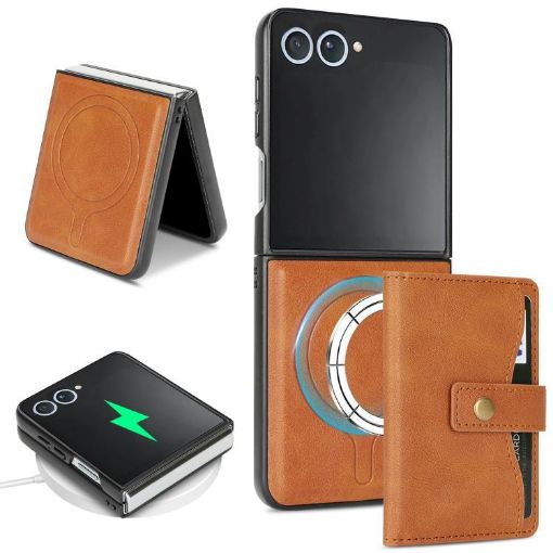Samsung Galaxy Z Flip7 Leather Case with MagSafe Ring & Card Bag - Brown - 1