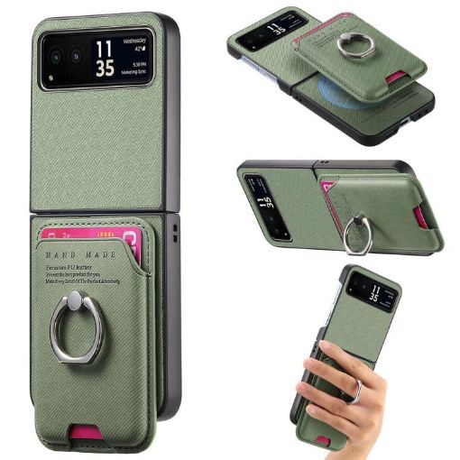 Moto Razr 40 Green Twill Fabric Card Bag Ring Magnetic Phone Case - 1