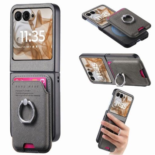 Moto Razr 50/60 Gray Twill Fabric Card Bag Ring Magnetic Case - 1
