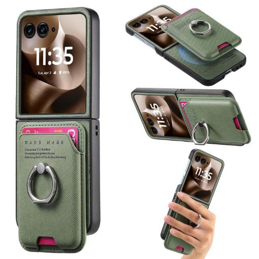 Moto Razr 60 Ultra Green Twill Fabric Card Bag Ring Magnetic Case - 1