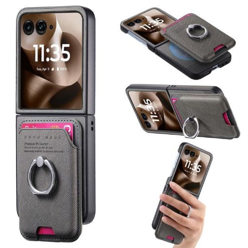 Moto Razr 60 Ultra Gray Twill Fabric Card Bag Ring Magnetic Case - 1