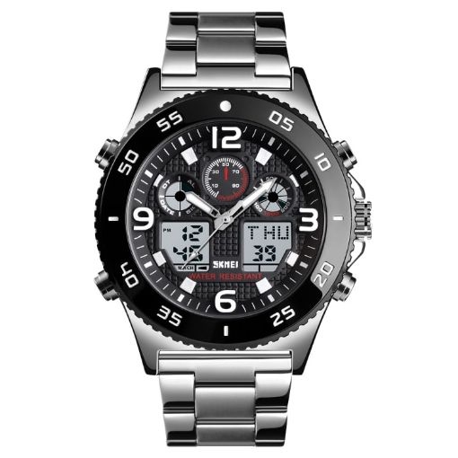 SKMEI 1538 Men's Sports Watch, Large Dial, Silver Steel Belt - 1