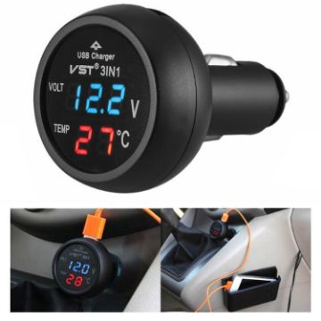 3 In 1 Car USB Charger with Voltage Display & Lighter (Red Blue) - 1