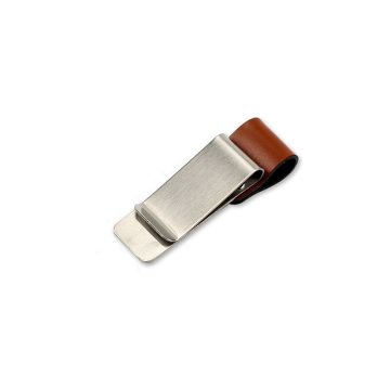 Silver-Brown Metal Leather Pen Holder - Stainless Steel Pencil Clip - 1