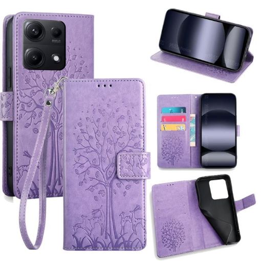 Redmi Note 14S 4G Purple Leather Case - Tree & Deer Embossed Design - 1