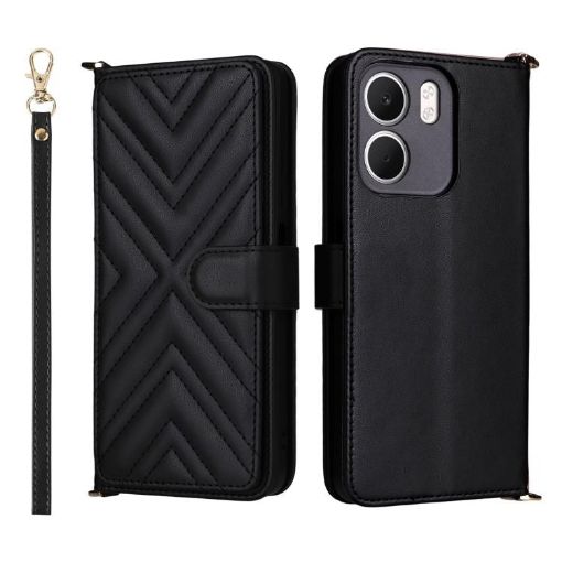 OPPO A5x 5G/4G Leather Phone Case with 6-Card Slots & Wrist Strap (Black) - 1
