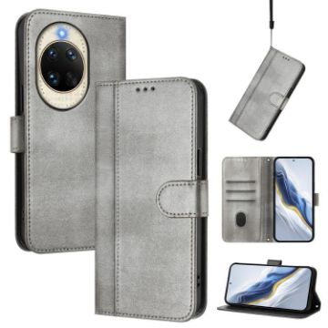 Huawei nova 14 Retro Leather Phone Case, Grey - Line Splicing Buckle - 1