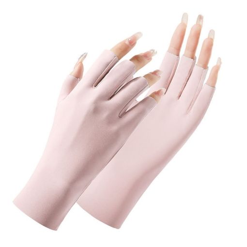 Ladies Half Finger Ice Silk Sunscreen Gloves - Pink, Cent Finger Style - 1