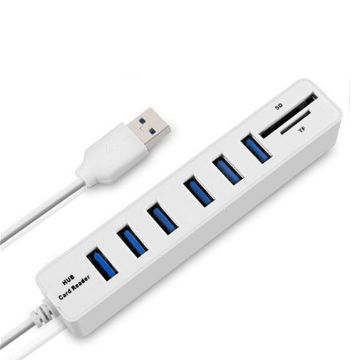 6-Port USB 2.0 Hub & Card Reader - High Speed Splitter (White) - 1