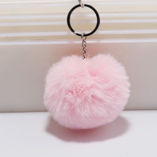Pink Fur Ball Pompon Keychain - Artificial Rabbit Fur Key Ring for Women - 1