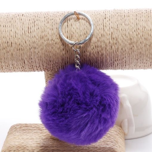 Purple Fur Ball Pompon Keychain - Artificial Rabbit Fur Key Ring - 1