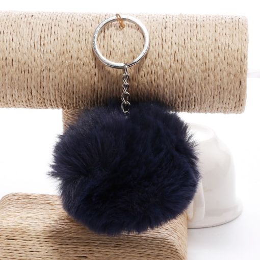 Navy Fur Ball Pompon Keychain - Artificial Rabbit Fur Key Ring for Women - 1