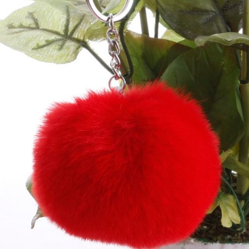 Red Fur Ball Pompon Keychain - Artificial Rabbit Fur Key Ring for Women - 1