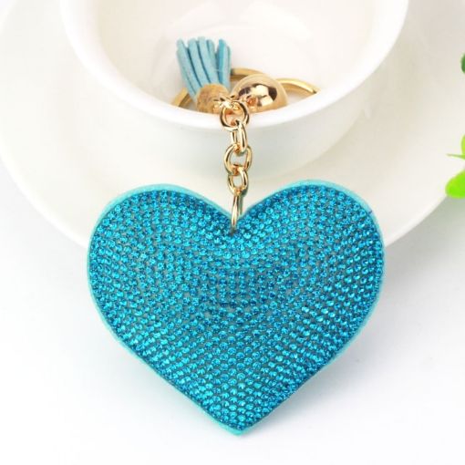 Lake Blue Heart Keychain Leather Tassel Gold Holder Crystal Keyring Gift - 1