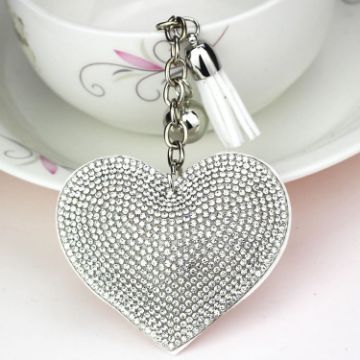 Silver White Heart Keychain Leather Tassel Gold Holder Crystal Keyring - 1