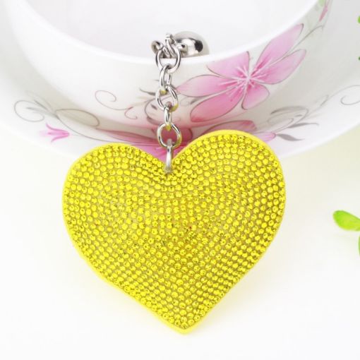 Yellow Heart Keychain Leather Tassel Gold Key Holder Crystal Charm Gift - 1