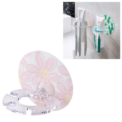 Pink Plastic Toothbrush Holder & Toothpaste Dispenser Storage - 1