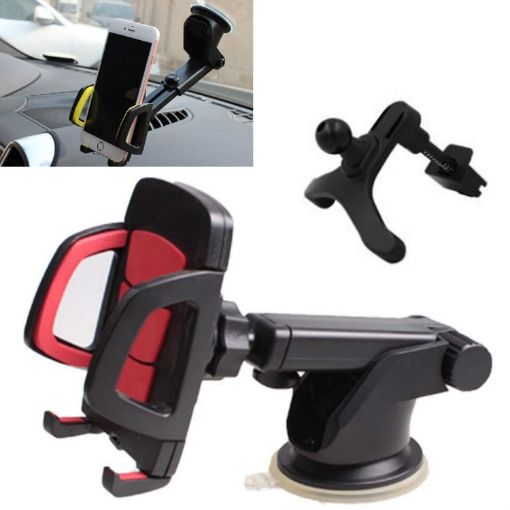 3 in 1 Red Car Phone Holder - Air Outlet & Suction Cup Mount - 1