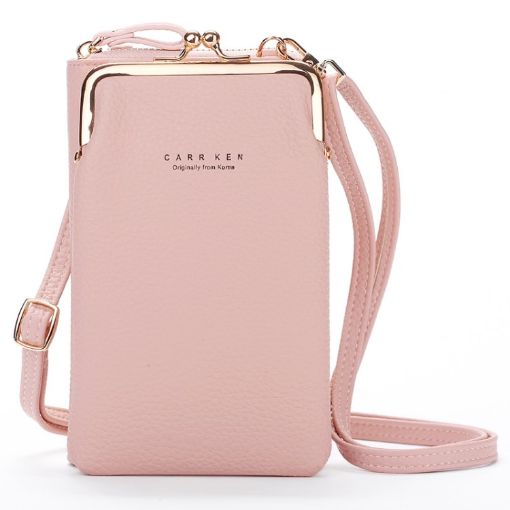 Ladies Pink Mobile Phone Shoulder Bag - H2107 Pebbled Zipper Wallet - 1