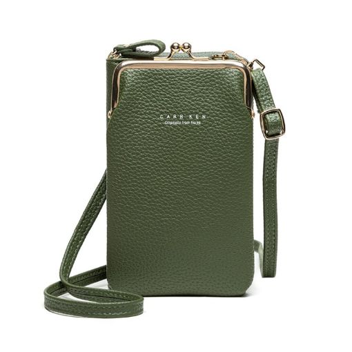 Ladies Green Mobile Phone Bag - H2107 Shoulder Messenger Pebbled Wallet - 1