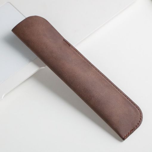 Brown Leather Pencil Bag - Simple Portable PU Stationery Protective Shell - 1