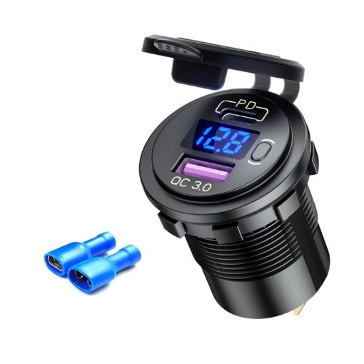12V Car USB Charger with Voltage Display PD QC3.0 Socket Blue Light - 1