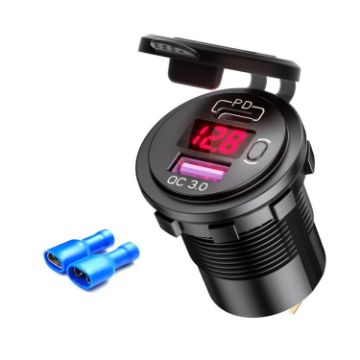 12V Car USB Charger with Voltage Display PD QC3.0 Socket Red Light - 1