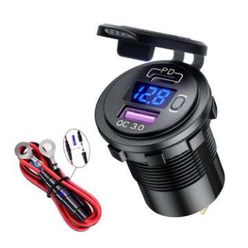 12V Car USB Charger with Voltage Display PD QC3.0 Socket, 60cm Line - 1